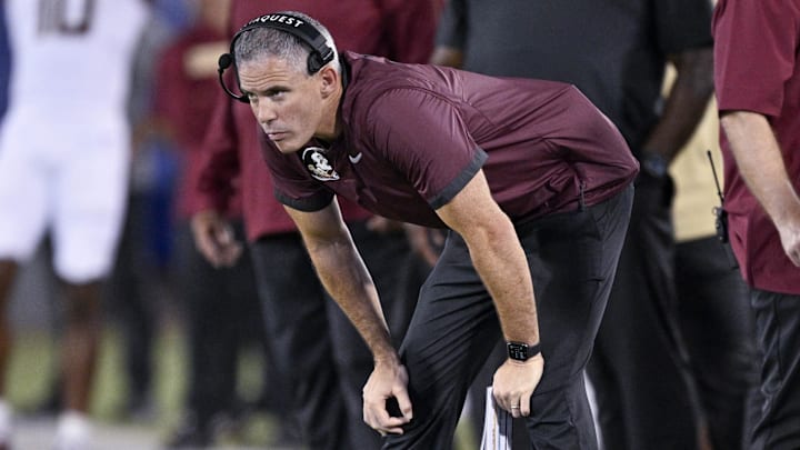 Sep 28, 2024; Dallas, Texas, USA; Florida State Seminoles head coach Mike Norvell looks on during the second quarter against the Southern Methodist Mustangs at Gerald J. Ford Stadium. Mandatory Credit: Jerome Miron-Imagn Images