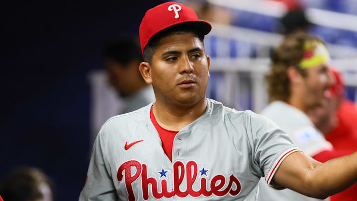 Sep 5, 2024; Miami, Florida, USA; Philadelphia Phillies starting pitcher Ranger Suarez (55) celebrates with teammates against the Miami Marlins after the second inning at loanDepot Park