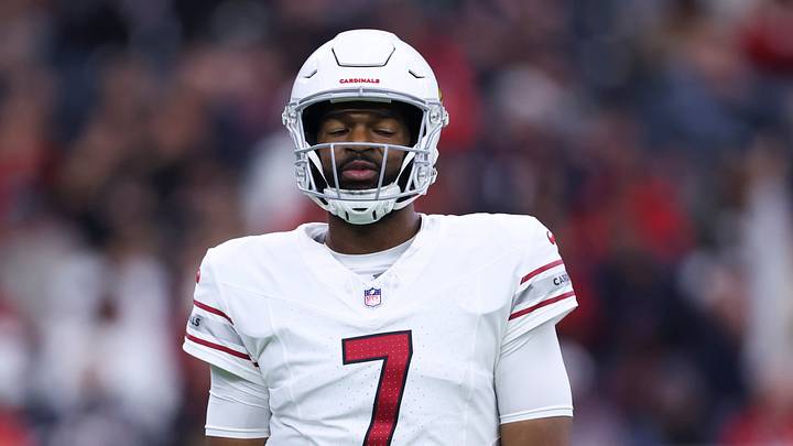 Dec 14, 2025; Houston, Texas, USA; Arizona Cardinals quarterback Jacoby Brissett (7) reacts after throwing in incomplete pass during the game against the Houston Texans at NRG Stadium. Mandatory Credit: Troy Taormina-Imagn Images