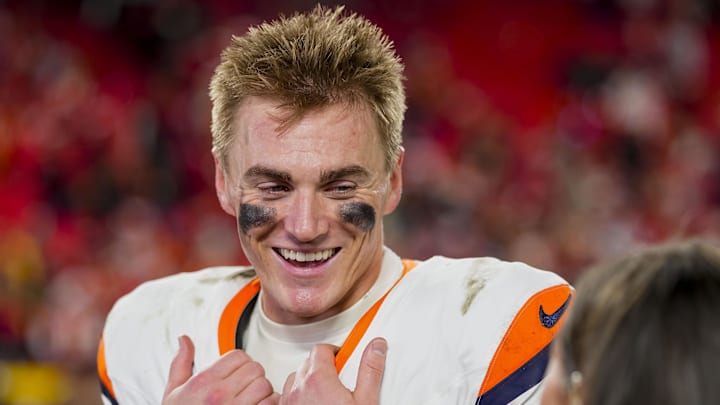 Dec 25, 2025; Kansas City, Missouri, USA; Denver Broncos quarterback Bo Nix (10) gives an interview after the game at GEHA Field at Arrowhead Stadium. Mandatory Credit: Jay Biggerstaff-Imagn Images Dec 25, 2025; Kansas City, Missouri, USA; Denver Broncos quarterback Bo Nix (10) gives an interview after the game at GEHA Field at Arrowhead Stadium. Mandatory Credit: Jay Biggerstaff-Imagn Images