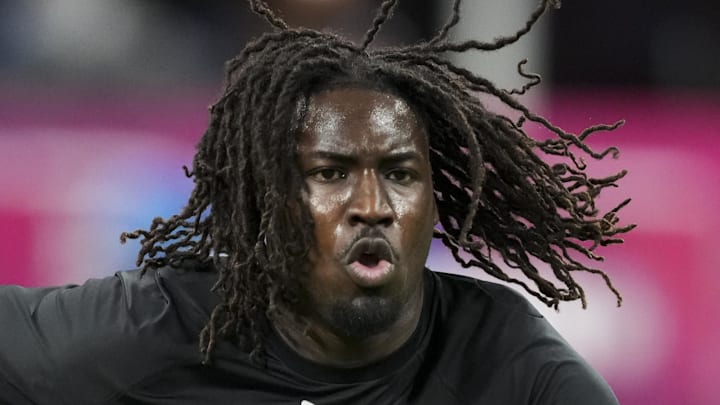 Feb 26, 2026; Indianapolis, IN, USA; UCF defensive lineman Malachi Lawrence (DL48) during the NFL Scouting Combine  at Lucas Oil Stadium. Mandatory Credit: Kirby Lee-Imagn Images