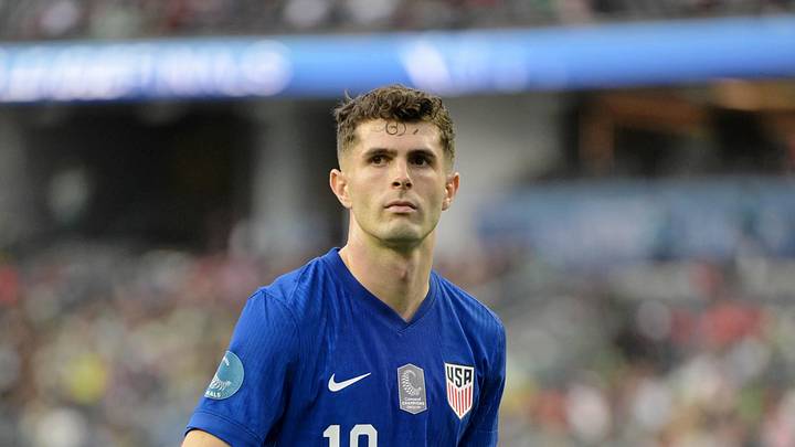 Mar 20, 2025; Inglewood, California, USA; United States of America forward Christian Pulisic (10) reacts against Panama during the second half of a Concacaf Nations League semifinal match at SoFi Stadium.
