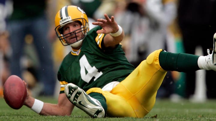 Brett Favre looks to throw the ball away during a game in 2006.
