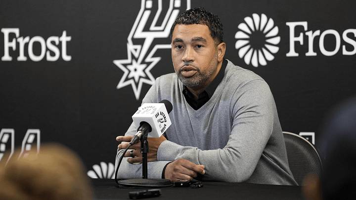 Nov 13, 2024; San Antonio, Texas, USA; San Antonio Spurs general manager Brian Wright speaks with the media about the health and absence of coach Gregg Popovich before a game against the Washington Wizards at Frost Bank Center.