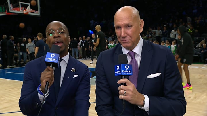Michael Grady and Jim Petersen calling a Timberwolves game for FanDuel Sports Network North. 