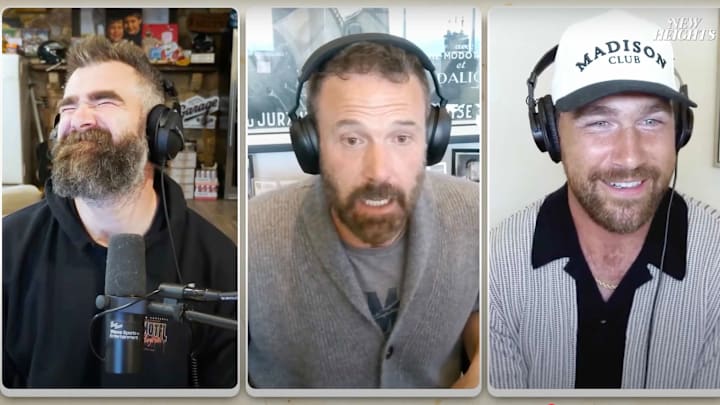 Travis Kelce and Jason Kelce speak with Ben Affleck on an episode of 'New Heights' released April 30, 2025.