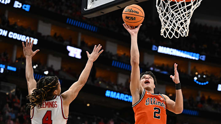 Mar 26, 2026; Houston, TX, USA; Illinois Fighting Illini guard Andrej Stojakovic (2) shoots the ball against the Houston Cougars in the second half during a Sweet Sixteen game of the South Regional of the men's 2026 NCAA Tournament at Toyota Center. Mandatory Credit: Maria Lysaker-Imagn Images Mar 26, 2026; Houston, TX, USA; Illinois Fighting Illini guard Andrej Stojakovic (2) shoots the ball against the Houston Cougars in the second half during a Sweet Sixteen game of the South Regional of the men's 2026 NCAA Tournament at Toyota Center. Mandatory Credit: Maria Lysaker-Imagn Images