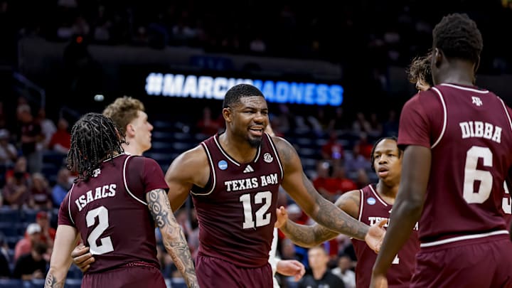 Mar 19, 2026; Oklahoma City, OK, USA; Texas A&M Aggies forward Rashaun Agee (12) celebrates with his team during a first round game of the men's 2026 NCAA Tournament at Paycom Center. Mandatory Credit: Alonzo Adams-Imagn Images