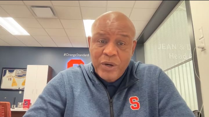 January 12, 2026; Syracuse, New York, USA; Syracuse Orange coach Adrian Autry addresses the media online from his office Monday, during the ACC's second weekly Coaches Zoom Call involving the league head coaches. Mandatory Credit: Screen shot courtesy of ACC Communications. 