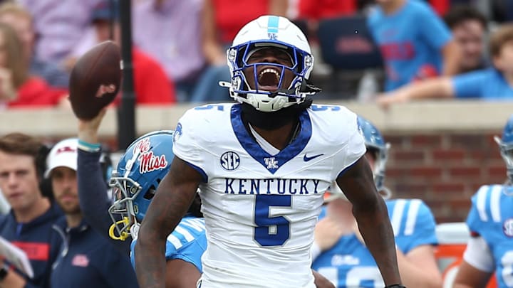 Sep 28, 2024; Oxford, Mississippi, USA; Kentucky Wildcats defensive back DJ Waller Jr. (5) reacts after breaking up a pass attempt during the first half against the Mississippi Rebels at Vaught-Hemingway Stadium. Mandatory Credit: Petre Thomas-Imagn Images