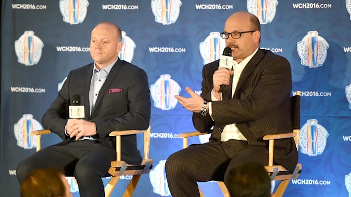 Mar 2, 2016; Toronto, Ontario, Canada;  Team North America general manager Peter Chiarelli (right) gestures as he speaks to media while associate general manager Stan Bowman listens during a press conference for the upcoming 2016 World Cup of Hockey at Intercontinental Hotel. Mandatory Credit: Dan Hamilton-USA TODAY Sports