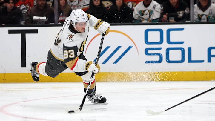 May 14, 2026; Anaheim, California, USA; Vegas Golden Knights right wing Mitch Marner (93) takes a slapshot during the third period against the Anaheim Ducks in game six of the second round of the 2026 Stanley Cup Playoffs at Honda Center. Mandatory Credit: Kiyoshi Mio-Imagn Images