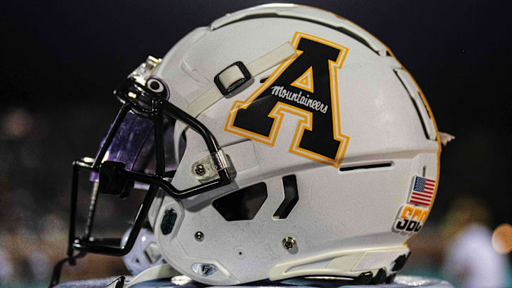Nov 3, 2022; Conway, South Carolina, USA; A general view of a Appalachian State Mountaineers helmet during the game against the Coastal Carolina Chanticleers at Brooks Stadium. Mandatory Credit: David Yeazell-Imagn Images