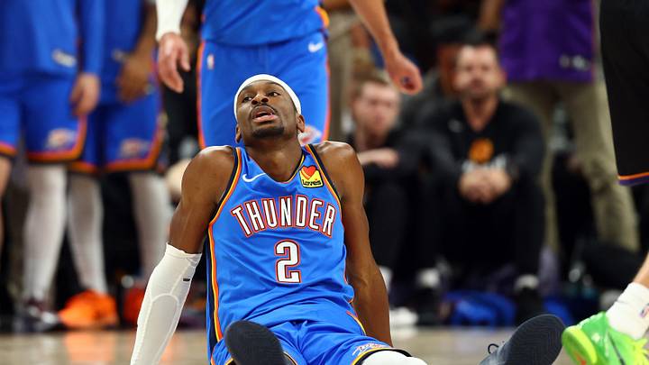 Apr 27, 2026; Phoenix, Arizona, USA; Oklahoma City Thunder guard Shai Gilgeous-Alexander (2) against the Phoenix Suns during game four of the first round of the 2026 NBA Playoffs at Mortgage Matchup Center. Mandatory Credit: Mark J. Rebilas-Imagn Images
