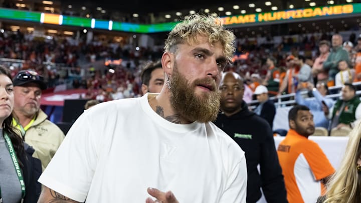 Miami Gardens, FL, USA; Jake Paul on the sidelines during the College Football Playoff National Championship game at Hard Rock Stadium.