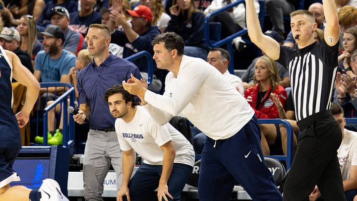 From left to right: Gonzaga Bulldogs sports analyst Sean Farnham, assistant coaches Kurt Bambauer and Brian Michaelson. From left to right: Gonzaga Bulldogs sports analyst Sean Farnham, assistant coaches Kurt Bambauer and Brian Michaelson.
