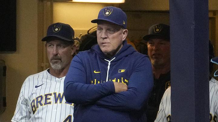 May 9, 2026; Milwaukee, Wisconsin, USA; Milwaukee Brewers manager Pat Murphy (49) looks on from the dug out during the seventh inning against the New York Yankees at American Family Field. Mandatory Credit: Michael McLoone-Imagn Images