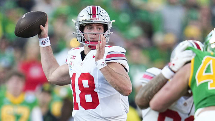 Ohio State Buckeyes quarterback Will Howard (18) throws during the first half of the College Football Playoff quarterfinal against the Oregon Ducks at the Rose Bowl in Pasadena, Calif. on Jan. 1, 2025.