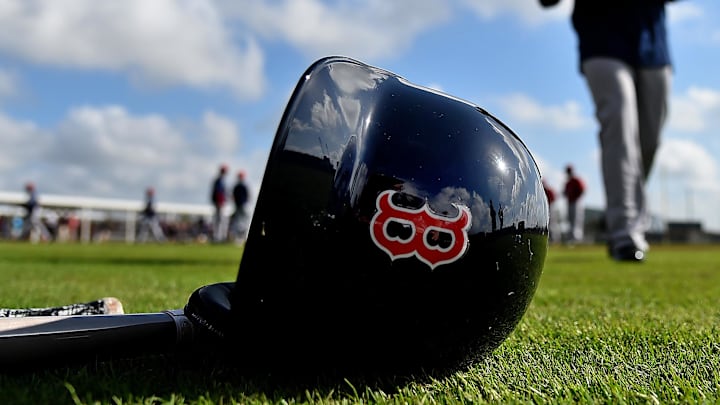 Feb 18, 2019; Lee County, FL, USA; A general view of a Boston Red Sox helmet as Boston Red Sox center fielder Jackie Bradley Jr. (19) walks on the field during a spring training workout at Jet Blue Park at Fenway South. Mandatory Credit: Jasen Vinlove-Imagn Images