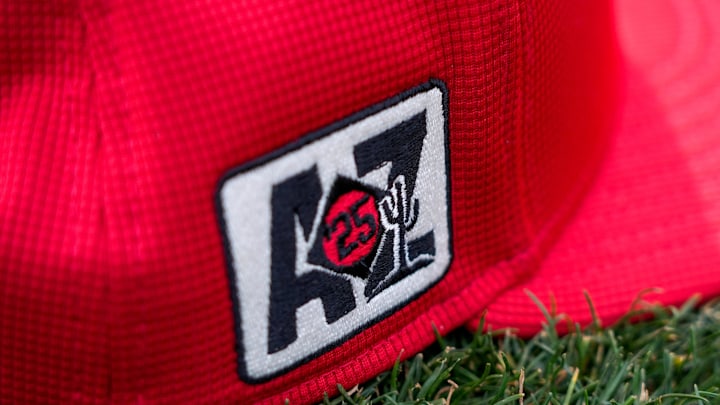 The Cactus League spring training patch on a Cincinnati Reds hat at the Cincinnati Reds Player Development Complex in Goodyear, Ariz., on Thursday, Feb. 13, 2025.