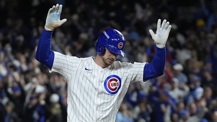 Oct 9, 2025; Chicago, Illinois, USA; Chicago Cubs right fielder Kyle Tucker (30) reacts after hitting a home run against the Milwaukee Brewers during the seventh inning for game four of the NLDS round for the 2025 MLB playoffs at Wrigley Field. Mandatory Credit: David Banks-Imagn Images