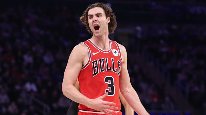 Apr 3, 2026; New York, New York, USA;  Chicago Bulls guard Josh Giddey (3) reacts to a call in the third quarter against the New York Knicks at Madison Square Garden. Mandatory Credit: Wendell Cruz-Imagn Images