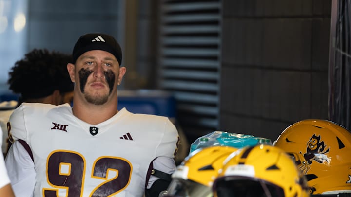 Nov 30, 2024; Tucson, Arizona, USA; Arizona State Sun Devils defensive lineman Zac Swanson (92) against the Arizona Wildcats during the Territorial Cup at Arizona Stadium. Mandatory Credit: Mark J. Rebilas-Imagn Images