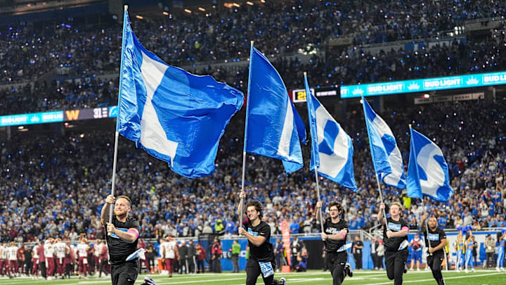 Detroit Lions sprit team celebrate a touchdown scored by running back Jahmyr Gibbs against Washington Commanders Detroit Lions sprit team celebrate a touchdown scored by running back Jahmyr Gibbs against Washington Commanders