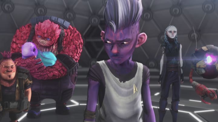 STAR TREK: PRODIGY: Ep#108 -- Jason Mantzoukas as Jankom Pog, Rylee Alazraqui as Rok-Tahk, Brett Gray as Dal, Ella Purnell as Gwyn and Angus Imrie as Zero in STAR TREK: PRODIGY streaming on Paramount+ Photo: Nickelodeon/Paramount+ ©2021 VIACOM INTERNATIONAL. All Rights Reserved.