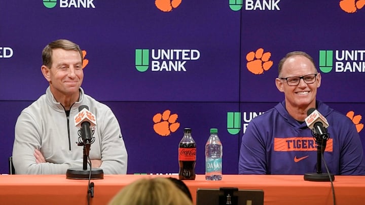 Clemson football head coach Dabo Swinney, left, and newly hired football defensive coordinator Tom Allen, formerly at Penn State University, speak with media in the Smart Family Media Center at Clemson University in Clemson, S.C. Wednesday, January 15, 2024.