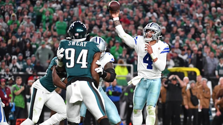 Nov 5, 2023; Philadelphia, Pennsylvania, USA; Dallas Cowboys quarterback Dak Prescott (4) throws a