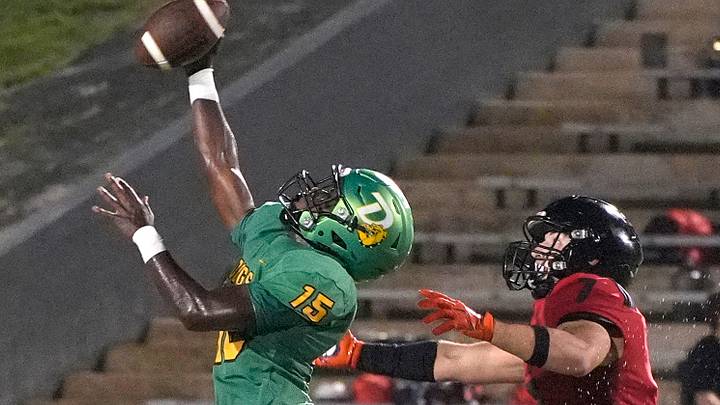 DeLand's Londel Dumas (15), shown here during a 2025 game against New Smyrna Beach, intercepted four passes in one half of play to help power the Bulldogs past Tavares, 73-0, on Oct. 16, 2026. DeLand's Londel Dumas (15), shown here during a 2025 game against New Smyrna Beach, intercepted four passes in one half of play to help power the Bulldogs past Tavares, 73-0, on Oct. 16, 2026.