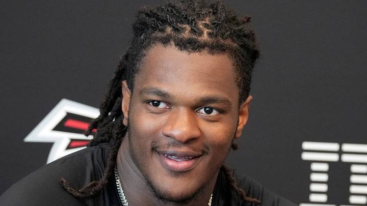 Jul 30, 2026; Atlanta, Falcons, USA; Atlanta Falcons linebacker Kendal Daniels (53) meets with the media during training camp at IBM Performance Field. Mandatory Credit: Dale Zanine-Imagn Images
