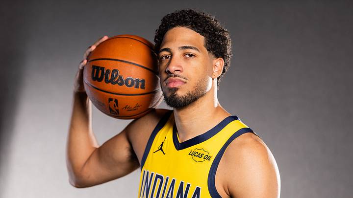 Sep 29, 2025; Indianapolis, IN, USA;  Indiana Pacers guard Tyrese Haliburton (0) poses for a photo during media day. Mandatory Credit: Trevor Ruszkowski-Imagn Images
