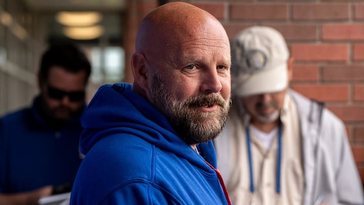 Brian Daboll, head coach of the NY Giants, addresses the press at Quest Diagnostics Training Center, East Rutherford, NJ, May 28, 2025.