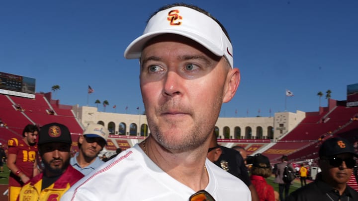 Sep 28, 2024; Los Angeles, California, USA; Southern California Trojans head coach Lincoln Riley reacts after a game against the Wisconsin Badgers at United Airlines Field at Los Angeles Memorial Coliseum. Mandatory Credit: Kirby Lee-Imagn Images
