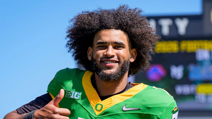 Oregon quarterback Dante Moore walks off the field during the Oregon Ducks annual spring game on April 25, 2026 at Autzen Stadium in Eugene, Oregon.