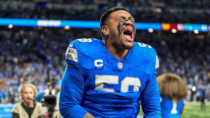 Detroit Lions offensive tackle Penei Sewell (58) yells out after warming up before the game against the Commanders Detroit Lions offensive tackle Penei Sewell (58) yells out after warming up before the game against the Commanders
