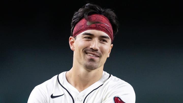 Aug 19, 2025; Phoenix, Arizona, USA; Arizona Diamondbacks outfielder Corbin Carroll reacts after hitting an RBI triple in the fifth inning against the Cleveland Guardians at Chase Field. Mandatory Credit: Mark J. Rebilas-Imagn Images