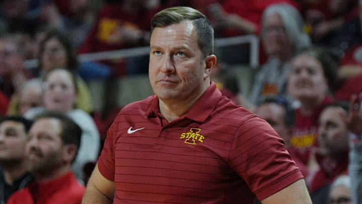 Iowa State Cyclones men's basketball head coach T.J. Otzelberger watches the game from the bench during the second half in the Big-12 conference men’s basketball against Texas Tech on Feb. 28, 2026, at Hilton Coliseum in Ames, Iowa.