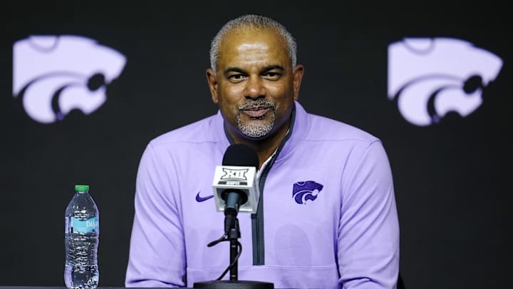 Oct 23, 2024; Kansas City, MO, USA; Kansas State Wildcats head coach Jerome Tang talks to media during the Big 12 Men’s Basketball Media Day at T-Mobile Center. Mandatory Credit: Jay Biggerstaff-Imagn Images