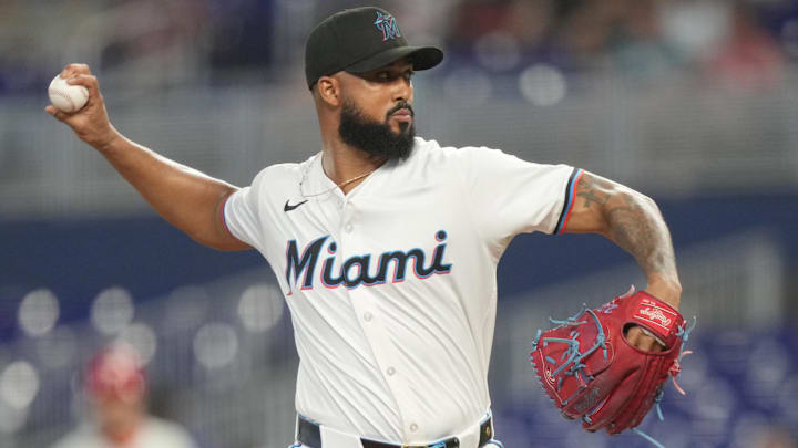 Jun 16, 2025; Miami, Florida, USA; Miami Marlins pitcher Sandy Alcantara (22) pitches in the first inning against the Philadelphia Phillies at loanDepot Park. Jun 16, 2025; Miami, Florida, USA; Miami Marlins pitcher Sandy Alcantara (22) pitches in the first inning against the Philadelphia Phillies at loanDepot Park.