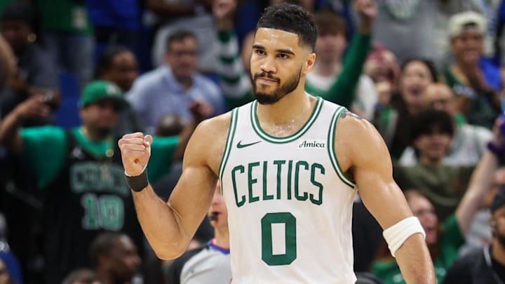 Apr 27, 2025; Orlando, Florida, USA; Boston Celtics forward Jayson Tatum (0) reacts after beating the Orlando Magic in game four of first round for the 2025 NBA Playoffs at Kia Center. Mandatory Credit: Nathan Ray Seebeck-Imagn Images