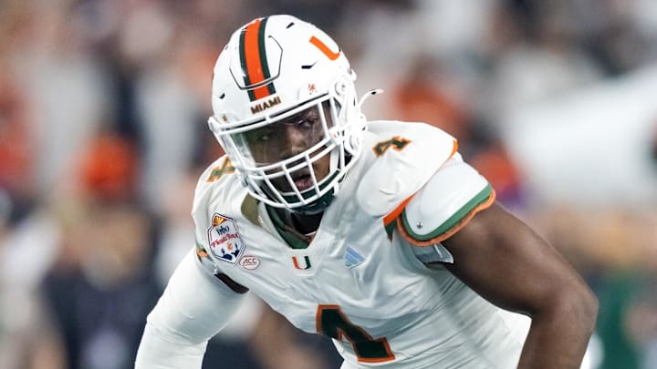 Jan 8, 2026; Glendale, AZ, USA; Miami Hurricanes defensive lineman Rueben Bain Jr. (4) against the Mississippi Rebels during the 2026 Fiesta Bowl and semifinal game of the College Football Playoff at State Farm Stadium. Mandatory Credit: Mark J. Rebilas-Imagn Images