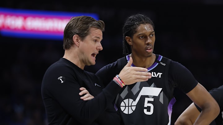 Apr 5, 2026; Oklahoma City, Oklahoma, USA; Utah Jazz head coach Will Hardy talks to forward Cody Williams (5) during the second half at Paycom Center. Mandatory Credit: Alonzo Adams-Imagn Images Apr 5, 2026; Oklahoma City, Oklahoma, USA; Utah Jazz head coach Will Hardy talks to forward Cody Williams (5) during the second half at Paycom Center. Mandatory Credit: Alonzo Adams-Imagn Images