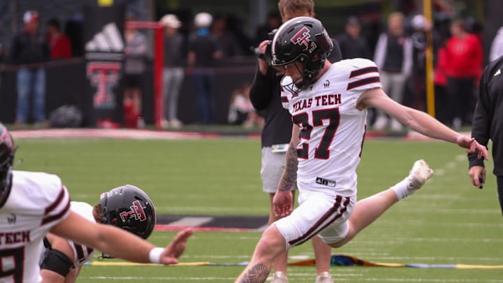 Upton Bellenfant takes a practice kick before the Texas Tech football team's spring game, Saturday, April 19, 2025, at Jones AT&T Stadium.