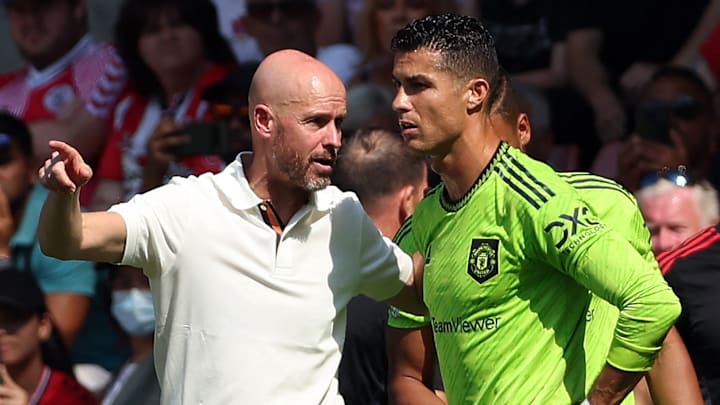 Cristiano Ronaldo (right) left Man Utd after clashing with Erik ten Hag (left).