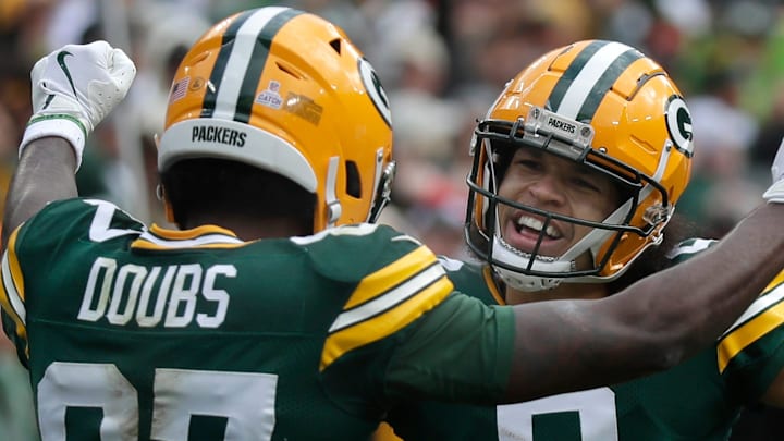 Green Bay Packers wide receiver Romeo Doubs celebrates with wide receiver Christian Watson (9) after a touchdown vs. Arizona. Green Bay Packers wide receiver Romeo Doubs celebrates with wide receiver Christian Watson (9) after a touchdown vs. Arizona.