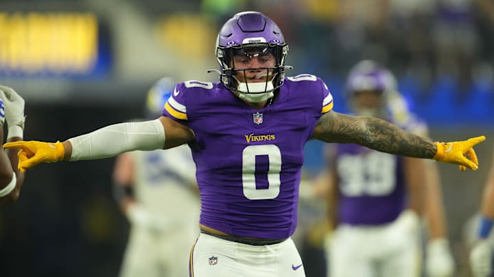 Oct 24, 2024; Inglewood, California, USA; Minnesota Vikings linebacker Ivan Pace Jr. (0) reacts against the Los Angeles Rams in the second half at SoFi Stadium. Oct 24, 2024; Inglewood, California, USA; Minnesota Vikings linebacker Ivan Pace Jr. (0) reacts against the Los Angeles Rams in the second half at SoFi Stadium.