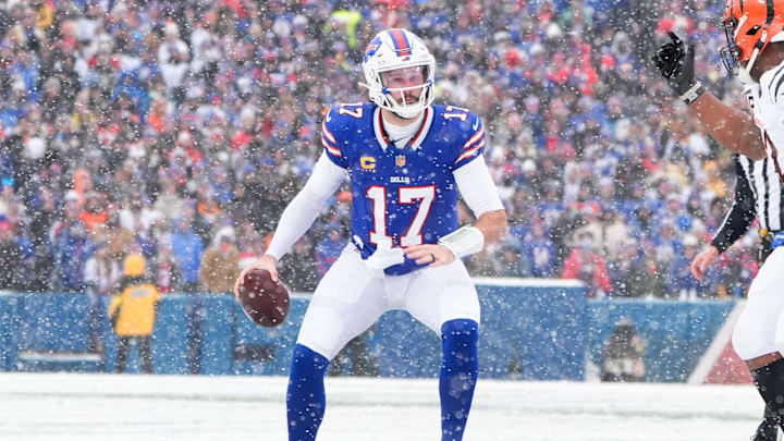 Dec 7, 2025; Orchard Park, New York, USA; Buffalo Bills quarterback Josh Allen (17) looks to throw the ball in the second quarter against the Cincinnati Bengals at Highmark Stadium. Dec 7, 2025; Orchard Park, New York, USA; Buffalo Bills quarterback Josh Allen (17) looks to throw the ball in the second quarter against the Cincinnati Bengals at Highmark Stadium.